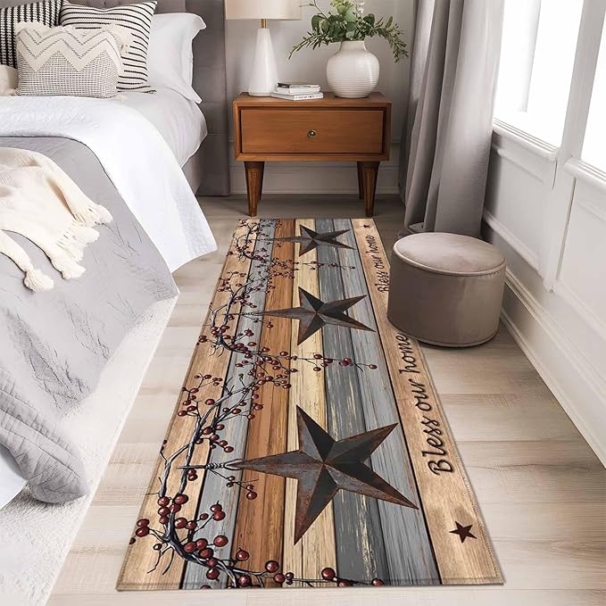 Country Stars Runner Rug 2'x6', Vintage Rust Black Star Berry Brown Light Blue Wood Grain Hallway Runner Rugs Washable Non-Slip Bedside Floor Mats Carpet for Kitchen Bedroom Laundry Room Bathroom