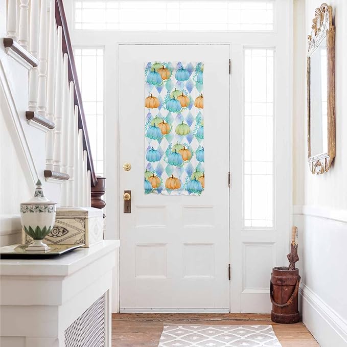 French Door Curtain Panel for Front Door, Thanksgiving Autumn Pumpkin Plants Watercolor Geometric Slidelight Door Curtains with Tieback Light Filtering Privacy Panels for Doorway Entryway 25"x 40"