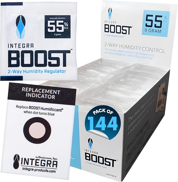 Integra Boost - 55% RH Level - 8 Gram Size - Two-Way Humidity Control Pack Incl. Replacement Indicator Cards - Food Storage & Herbs Preserver Moisture Balancer, Protects 1 OZ (Pack of 144)