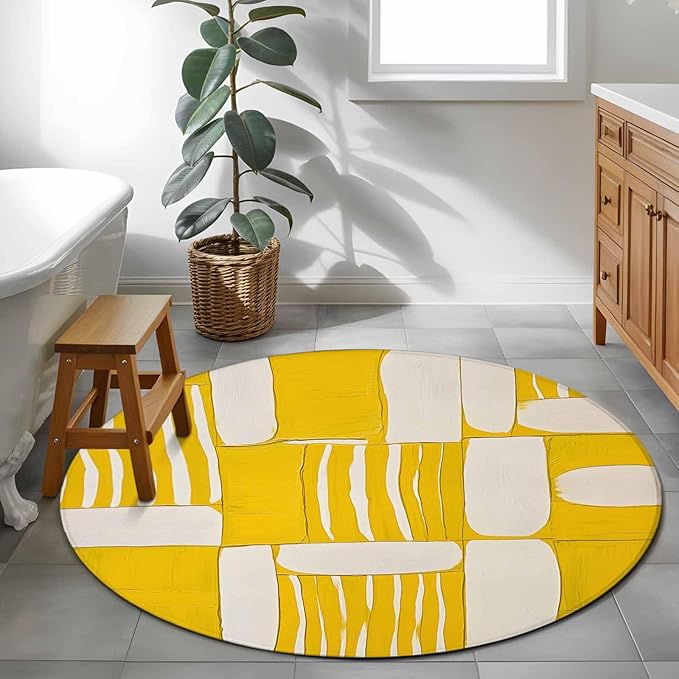 Impressionist Style Round Rug 4 Ft, Yellow Abstract Blurred Color Circle Area Rugs Washable Non Slip Indoor Floor Mats Carpet for Living Room Bedroom Dining Room Home Decor