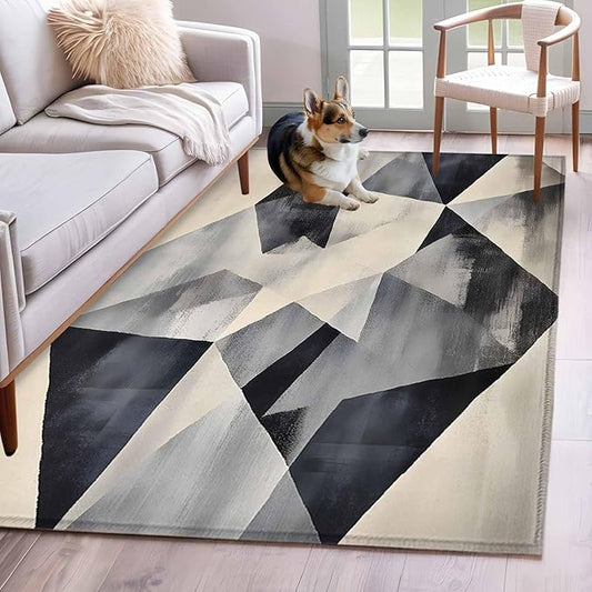 Color Block Area Rugs 2.7'x5', Modernism Blue Beige Line Abstract Art Washable Area Rugs Non-Slip Indoor Floor Mats Carpet for Living Room Bedroom Dining Room