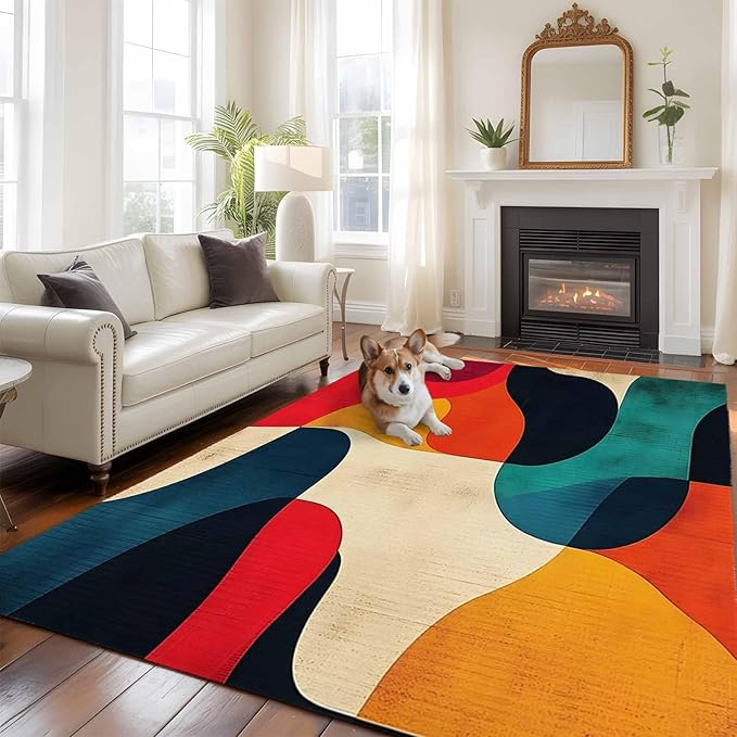 Abstract Art 6'x9' Large Area Rugs, Impressionist Red Blue Color Block Washable Area Rugs Non-Slip Indoor Floor Mats Large Carpet for Living Room Bedroom Dining Room