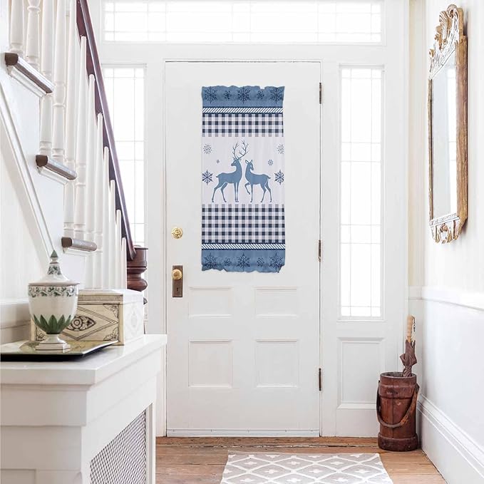 Christmas French Door Curtain Panel for Front Door, Steel Blue Xmas Deer Silhouette Plaid Snowflakes Slidelight Door Curtains with Tieback Light Filtering Privacy Panels for Doorway Entryway 25"x 40"