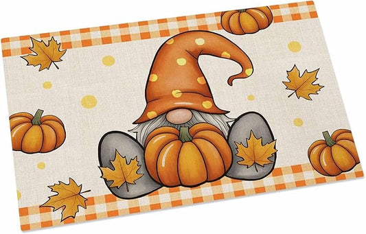 Welcome Door Mat 18x30in,Thanksgiving Fall Gnome Pumpkin Indoor Entryway Doormats Non-Slip Bath Rug Absorbent Front Door Mat,Maple Leaves Orange Plaid Flax Floor Carpet for Bedroom Bathroom