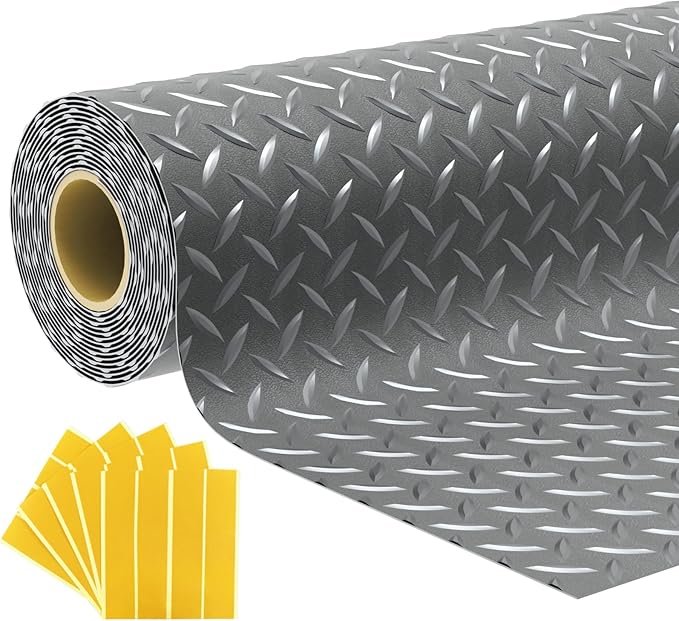 7.5x25 FT Garage Floor Mat, 2.8mm Thickened Flooring Roll Under Car Mat with 20Pcs Tapes, Diamond Plate, Non-Slip Floor Protector Mat for Trailer, Garage, Warehouse, Gyms, Trailer, Matte Gray