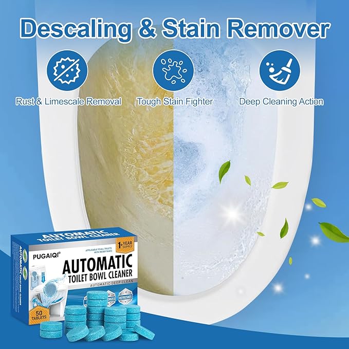 Automatic Toilet Bowl Cleaner Tablets, Blue, Septic Safe Hard Water Stain and Odor Remover, 50 Count，Effervescent Stain & Odor Remover Bathroom，Effervescent Stain Odor Remover Works with Toilets