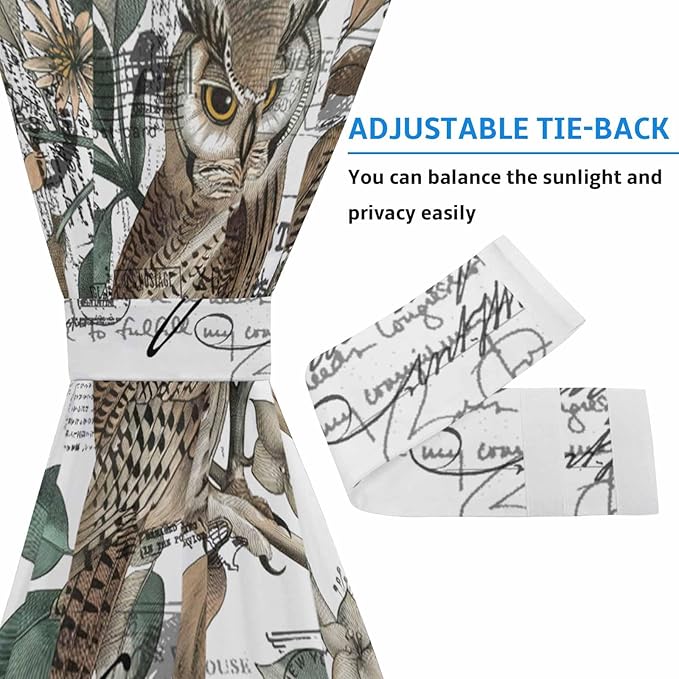 French Door Curtain Panel for Front Door, Black White Bird Owl Envelope Postmark Slidelight Door Curtains with Tieback Light Filtering Privacy Panels for Doorway Entryway 25"x 40"