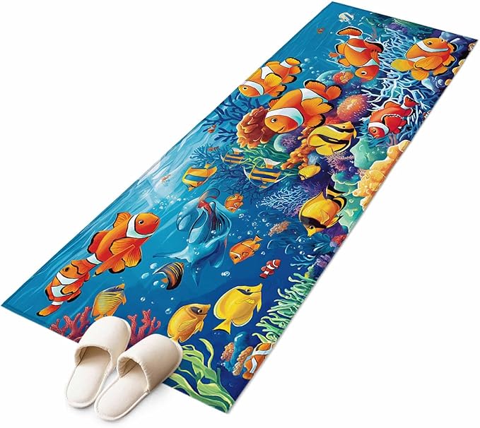 Ocean Marine Runner Rug 2'x6', Life Fish Coral Seagrass Underwater Coastal Hallway Runner Rugs Washable Non-Slip Bedside Floor Mats Carpet for Kitchen Bedroom Laundry Room Bathroom