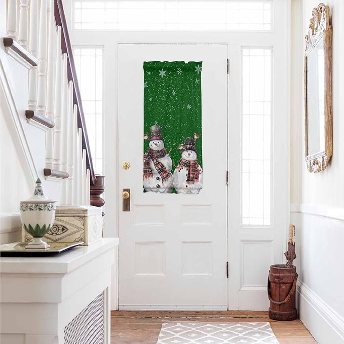 Christmas French Door Curtain Panel for Front Door, Xmas Top Hat Snowmen Cardinals Snowflake Dark Green Slidelight Door Curtains with Tieback Light Filtering Privacy Panels for Entryway 25"x 40"