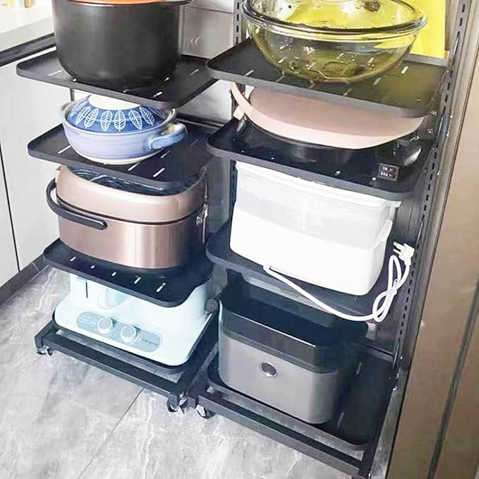 Kitchen Saucepan Storage Rack nizer with Free Standing Countertop Corner Stand Black Pot and Pan Holder for Cupboard Shelves Includes 3 Boards and 1 Basket