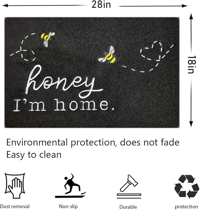 Welcome Mats for Front Door Kitchen Rugs Bee Honey I'm Home Cute Door Mat Indoor Porch Funny Outdoor Non Slip Durable Rubber Mats Black Floor Doormat for Outside Entry Farmhouse