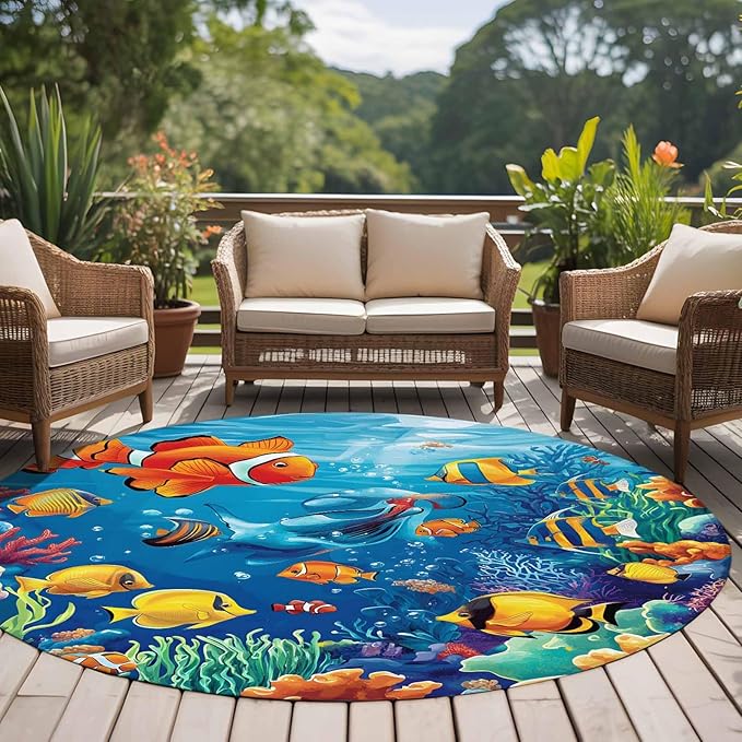 Ocean Marine Round Rug 5 Ft, Life Fish Coral Seagrass Underwater Coastal Circle Area Rugs Washable Non Slip Indoor Floor Mats Carpet for Living Room Bedroom Dining Room Home Decor