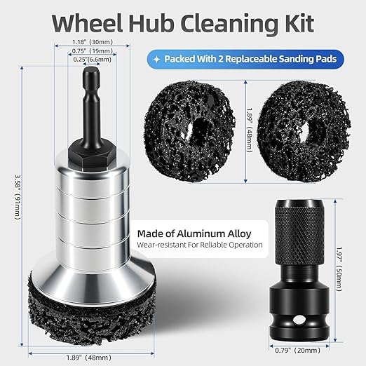 BURMONG Wheel Hub Cleaning Tool with Dual-Head Adapter, Brake Hub Cleaning Kit Includes 13 Pads for Rust Removal & Polishing, Wheel Stud Cleaner Compatible with Power Drill & 1/2" Impact Wrenches (13)