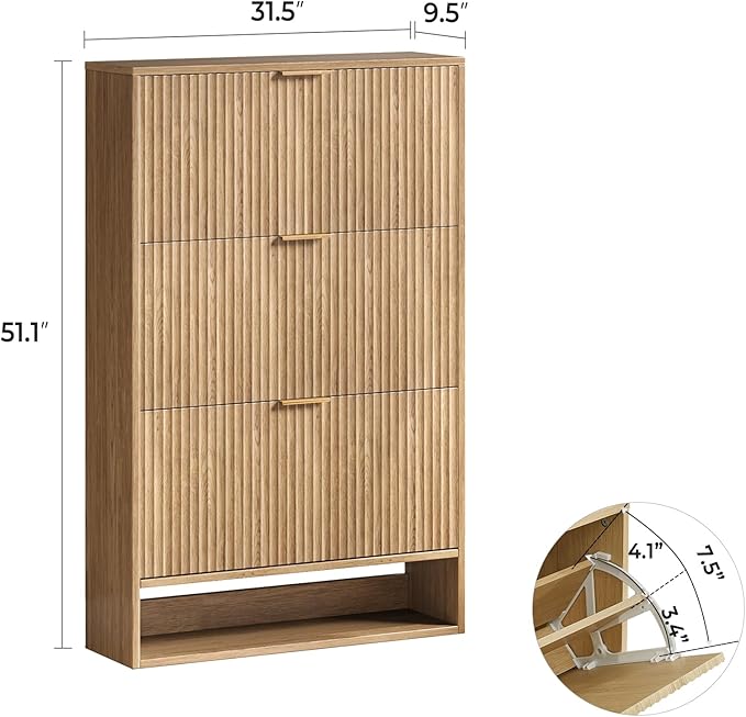 Hootata Oak Tall Shoe Storage Cabinet for Entryway with 3 Flip Drawers, Fluted Slim Shoe Cabinet, Free Standing Wooden Shoes Organizer for Foyer, Hallway