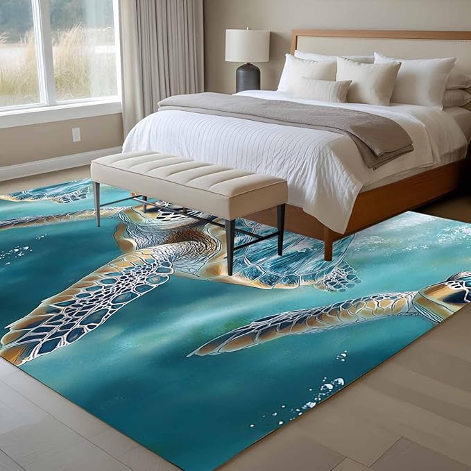 Marine Animal 8'x10' Large Area Rugs, Ocean Turtle Modern Art Abstract Style Washable Area Rugs Non-Slip Indoor Floor Mats Large Carpet for Living Room Bedroom Dining Room