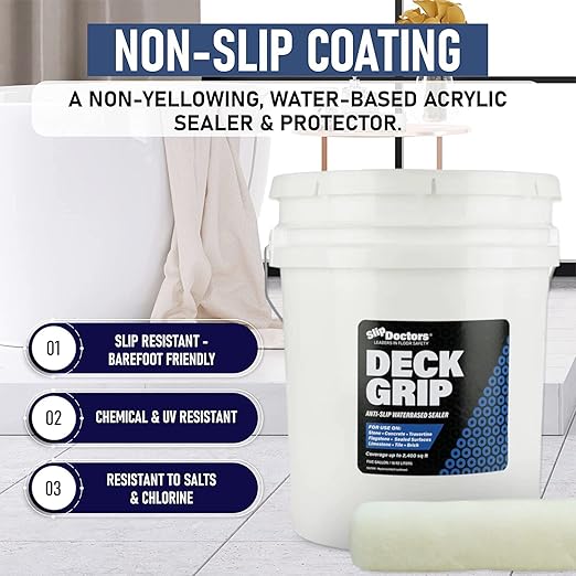 Deck Grip Non-Slip Sealer (5 Gallon) Clear Barefoot-Friendly Anti-Slip Coating - Create Traction for Outdoor or Indoor Floors and Pool Decks