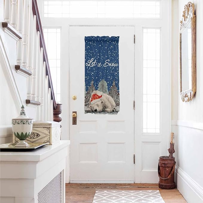 Christmas French Door Curtain Panel for Front Door, Hand Drawn Trees Winter Christmas Bear Slidelight Door Curtains with Tieback Light Filtering Privacy Panels for Doorway Entryway 25"x 40"