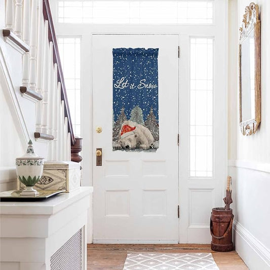 Christmas French Door Curtain Panel for Front Door, Hand Drawn Trees Winter Christmas Bear Slidelight Door Curtains with Tieback Light Filtering Privacy Panels for Doorway Entryway 25"x 40"