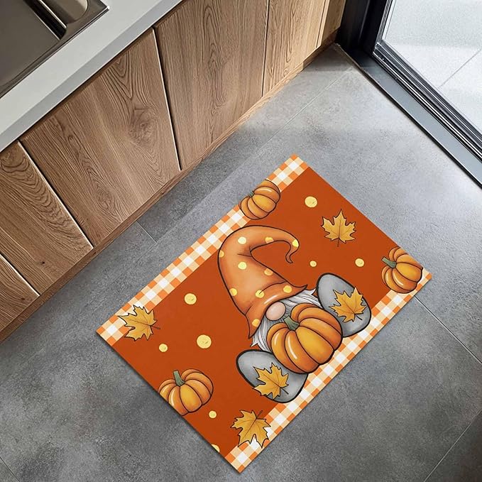 Welcome Door Mat 20x31.5in,Autumn Harvest Gnome Pumpkin Indoor Entryway Doormats Non-Slip Bath Rug Absorbent Front Door Mat,Thanksgiving Maple Leaves Orange Floor Carpet for Bedroom Bathroom
