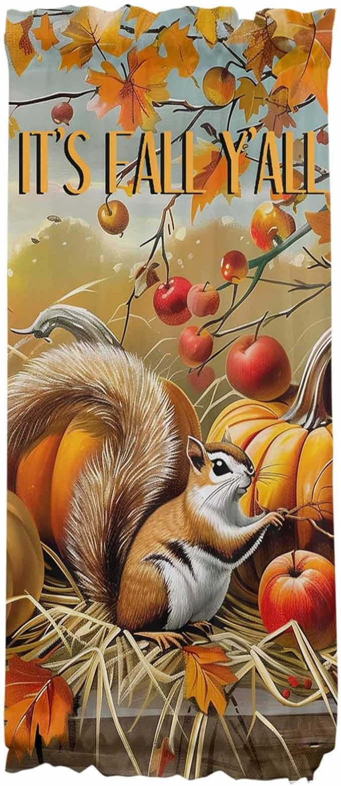 French Door Curtain Panel for Front Door, Apples Pumpkins Maple Squirrel Fall Slidelight Door Curtains with Tieback Light Filtering Privacy Panels for Doorway Entryway 25"x 40"