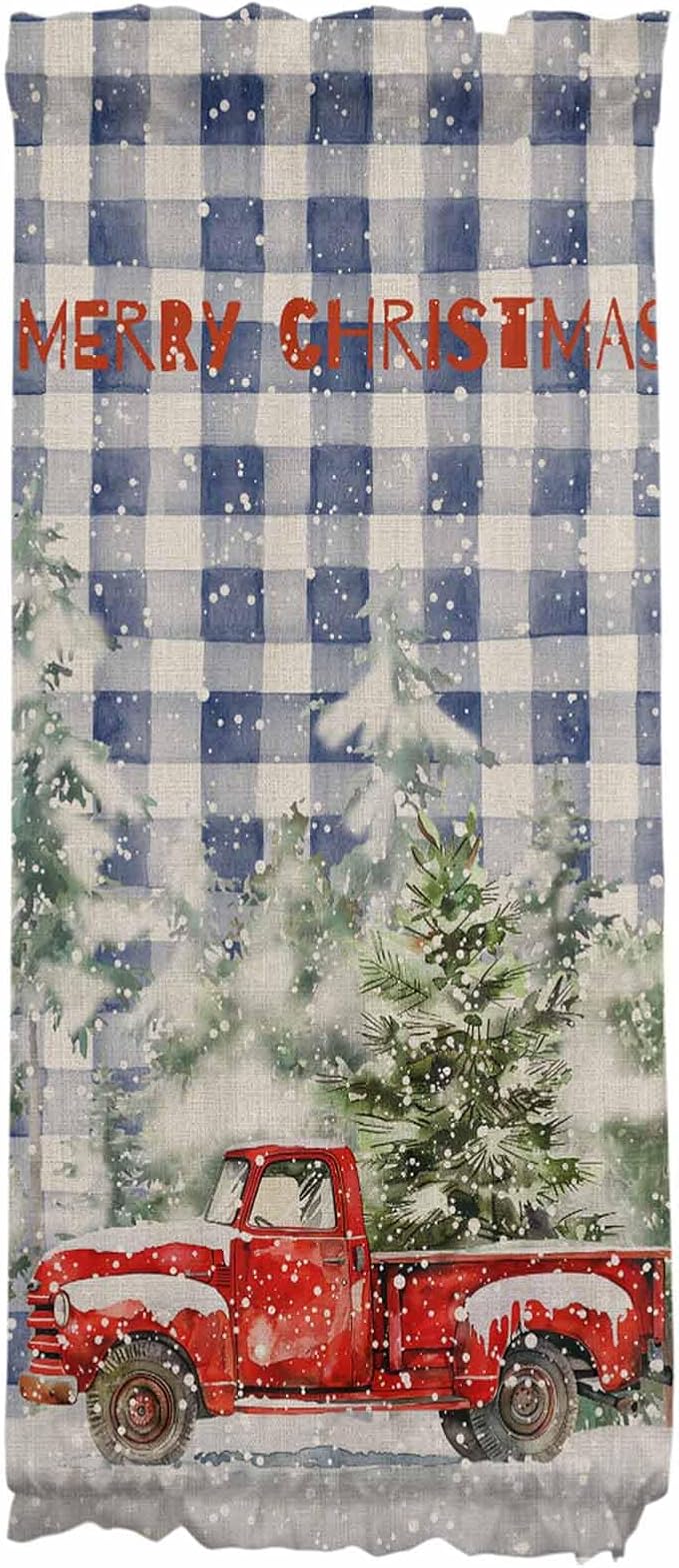 Christmas French Door Curtain Panel for Front Door, Red Truck Snow Merry Christmas Retro Blue Plaid Slidelight Door Curtains with Tieback Light Filtering Privacy Panels for Doorway Entryway 25"x 40"