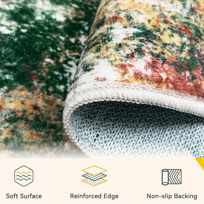 RELEANY Washable Area Rugs 9'x12' Non-Slip Modern Abstract Soft for Living Room Entryway Bedroom Nursery, Print Pattern, Green Orange Rust Red Cream Colorful