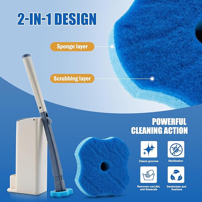 Disposable Toilet Brush with 16 Refills,2 Toilet Wand Brush Cleaning Kit,Wall Mounted Toilet Bowl Cleaner Kit with Holder for Bathroom Deep Cleaning & Hygiene- Blue & White-2 Pack