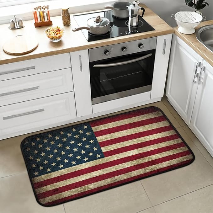 Kitchen Rug Non-Slip Washable Mats Anti Fatigue Soft Absorbent Carpet Welcome Mat for Kitchen,Indoor,Entryway, Sink,Laundry Home Decor American Flag Retro