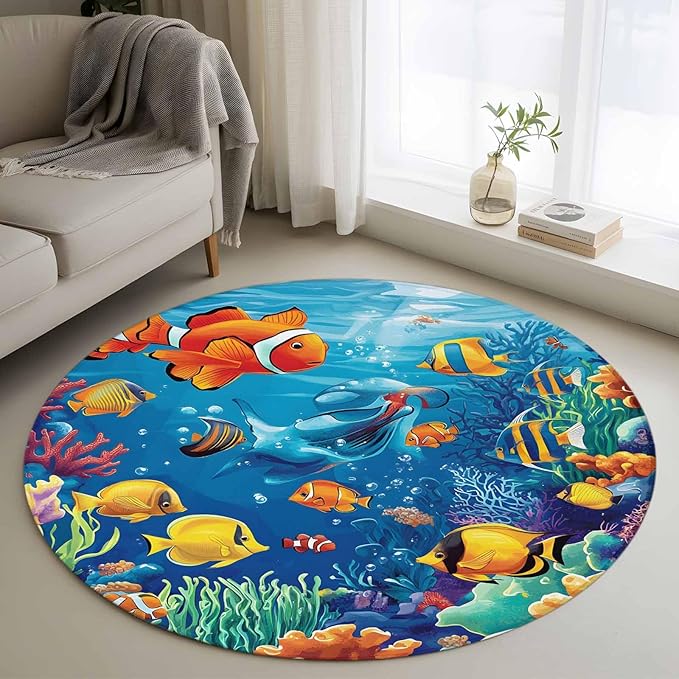 Ocean Marine Round Rug 4 Ft, Life Fish Coral Seagrass Underwater Coastal Circle Area Rugs Washable Non Slip Indoor Floor Mats Carpet for Living Room Bedroom Dining Room Home Decor