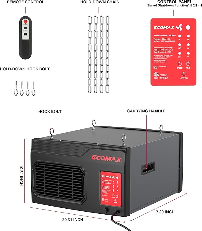 MCF03 Air Filtration System Woodworking, 3-Speed Hanging Ceiling Shop Air Filtration System for Woodworking for Shop Garage (300/350/400 CFM)