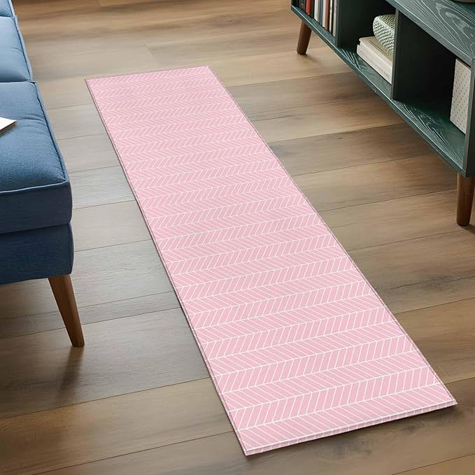Pink Herringbone Stripes Runner Rug 2'x6', Modern Abstract Geometric Pink Simple Lines Hallway Runner Rugs Washable Non-Slip Bedside Floor Mats Carpet for Kitchen Bedroom Laundry Room Bathroom