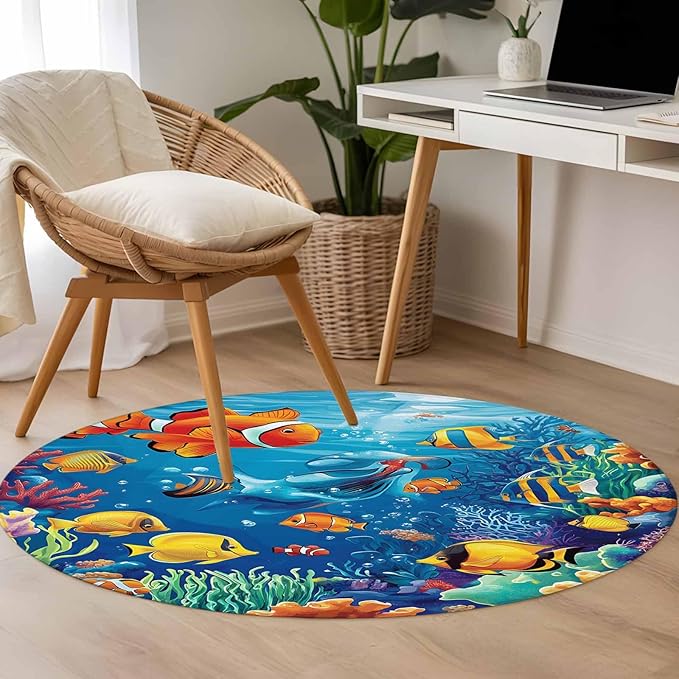 Ocean Marine Small Round Rug 3 Ft, Life Fish Coral Seagrass Underwater Coastal Area Rugs Washable Non Slip Indoor Floor Mats Circle Carpet for Living Room Bedroom Dining Room Home Decor