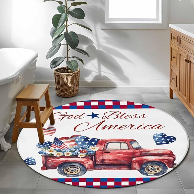 Red Truck USA Flag Stars Round Rug 4 Ft, God Bless America Circle Area Rugs Washable Non Slip Indoor Floor Mats Carpet for Living Room Bedroom Dining Room Home Decor