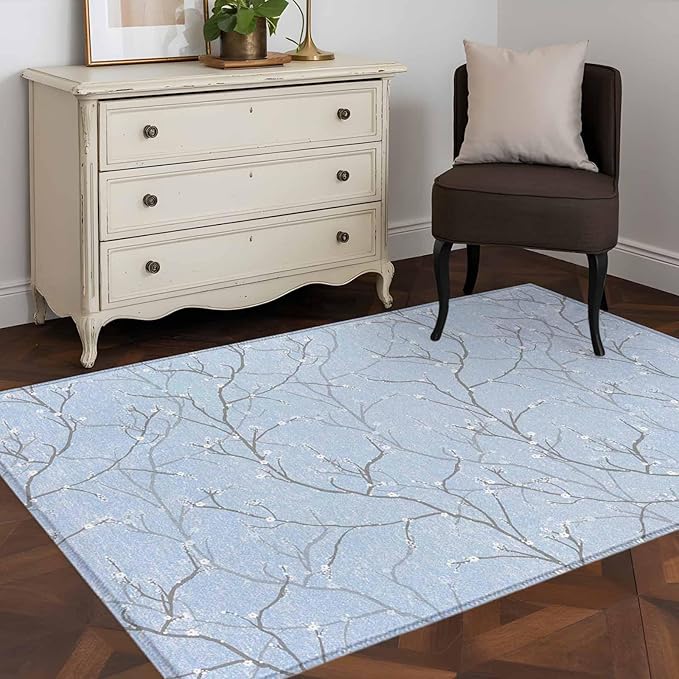 Blue Tree Branch 4'x6' Area Rugs, Retro Classic Art Blue Tree Branches Flower Washable Area Rugs Non-Slip Indoor Floor Mats Carpet for Living Room Bedroom Dining Room