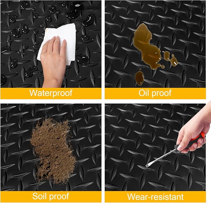 Garage Floor Mat, 2.8mm Thickened Flooring Roll for Under Car with 20Pcs Tapes, Diamond Plate, Non-Slip Floor Protector Mat for Trailer, Garage, Warehouse, Gyms, Trailer (BlackV, 7.5x25 FT)