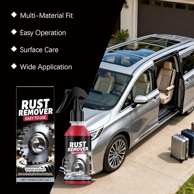 Rust Remover Spray for Metal, Heavy Duty Metal Cleaner, Multipurpose Rust Stain Remover for Vehicles, Tools, Chains, Fast-Acting Oxidation Remover, 3.38oz