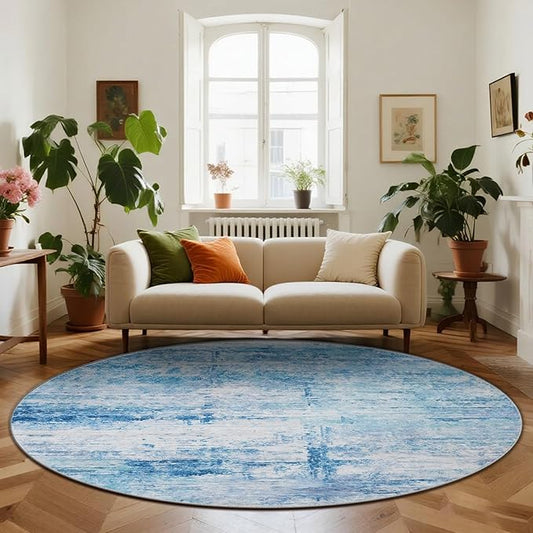 Round 5ft Area Rug Modern Abstract Washable Carpet for Living Room Entryway Dining Room Home Office - Abstract Teal Grey