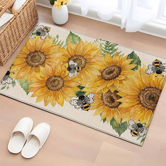 Watercolor Sunflower Cartoon Farmhouse Bee Linen Texture Entryway Rug 2'x3', Small Area Rug Non-Slip Front Door Mat Washable Floor Carpet for Indoor Entrance Kitchen Bathroom