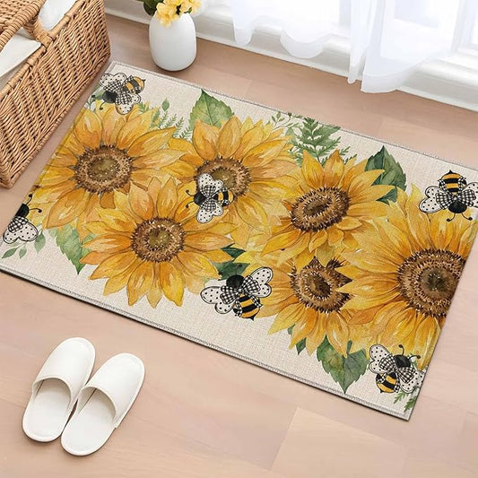 Watercolor Sunflower Cartoon Farmhouse Bee Linen Texture Entryway Rug 2'x3', Small Area Rug Non-Slip Front Door Mat Washable Floor Carpet for Indoor Entrance Kitchen Bathroom