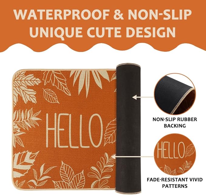 Hello Fall Door Welcome Mat, Autumn Thanksgiving Orange Outdoor Rug Leaves Decor Floor Non-Slip Entrance Mat for Home Kitchen Bathroom 17 X 29 Inch