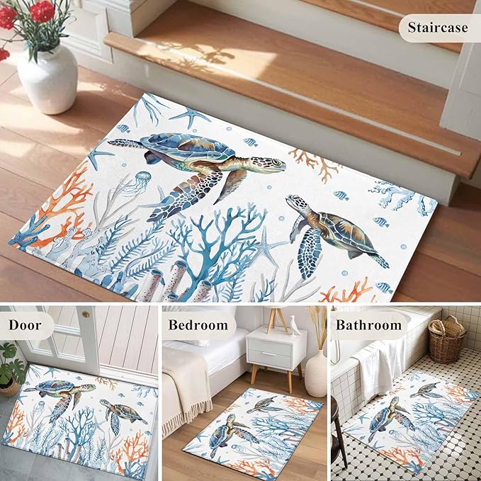 Sea Turtle Entryway Rug 2'x3', Seagrass Coral Starfish Small Area Rug Non-Slip Front Door Mat Washable Floor Carpet for Indoor Entrance Kitchen Bathroom
