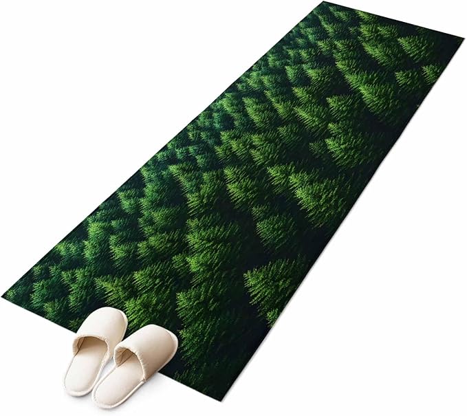 Green Forest Runner Rug 2'x6', Pine Trees Forest Landscape Style Summer Hallway Runner Rugs Washable Non-Slip Bedside Floor Mats Carpet for Kitchen Bedroom Laundry Room Bathroom