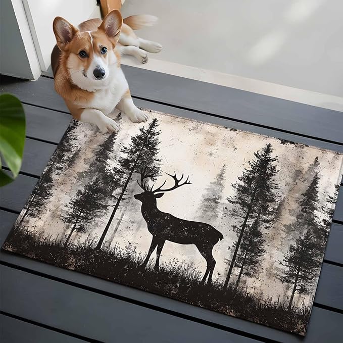Elk Entryway Rug 2'x3', Deer Silhouette Small Area Rug Non-Slip Front Door Mat Washable Floor Carpet for Indoor Entrance Kitchen Bathroom