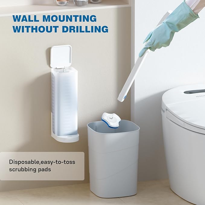 Disposable Toilet Brush Wand Kit with 48 Refills - No-Touch Hygienic Cleaning System, Long Handle Toilet Bowl Cleaner Set for Bathroom, White