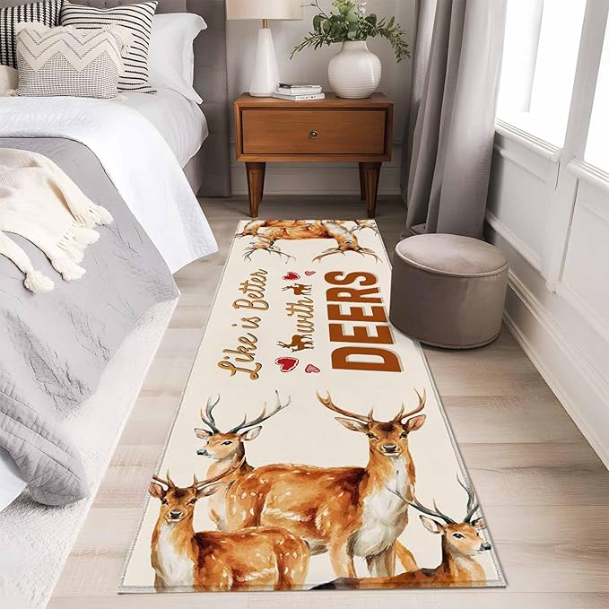 Beige Deer Runner Rug 2'x6', Wildlife Animals Rustic Farmhouse Elk Rustic Farmhouse Hallway Runner Rugs Washable Non-Slip Bedside Floor Mats Carpet for Kitchen Bedroom Laundry Room Bathroom
