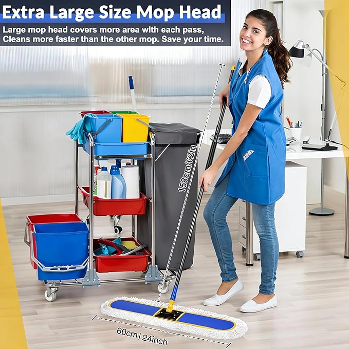 CLDREAM 24" Commercial Dust Mop for Floor Cleaning with 2 Mop Head, Large Industrial Push Broom Mops with 60" Long Handle,Wet Dry Floor Duster for Concrete Hardwood Tiles Marble Floors