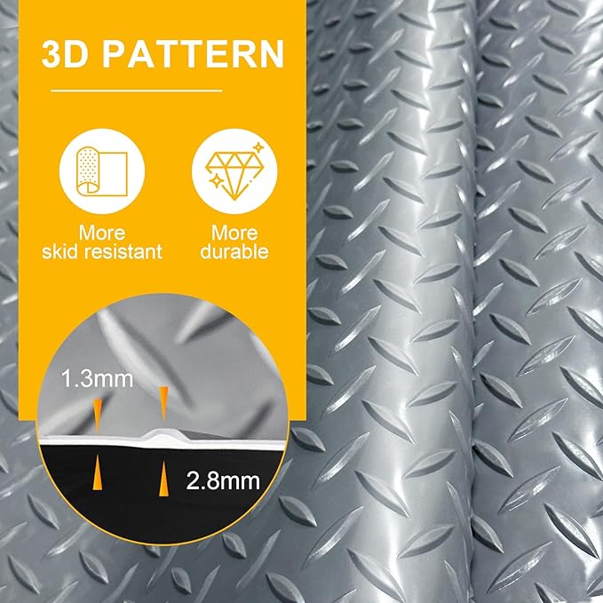 7.5x20 FT Garage Floor Mat, 2.8mm Thickened Flooring Roll Under Car Mat with 20Pcs Tapes, Diamond Plate, Non-Slip Floor Protector Mat for Trailer, Garage, Warehouse, Gyms, Trailer, Gray