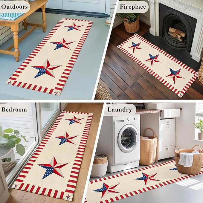 Farmhouse American Flag Pentagram Runner Rug 2'x6', Hallway Runner Rugs Washable Non-Slip Bedside Floor Mats Carpet for Kitchen Bedroom Laundry Room Bathroom