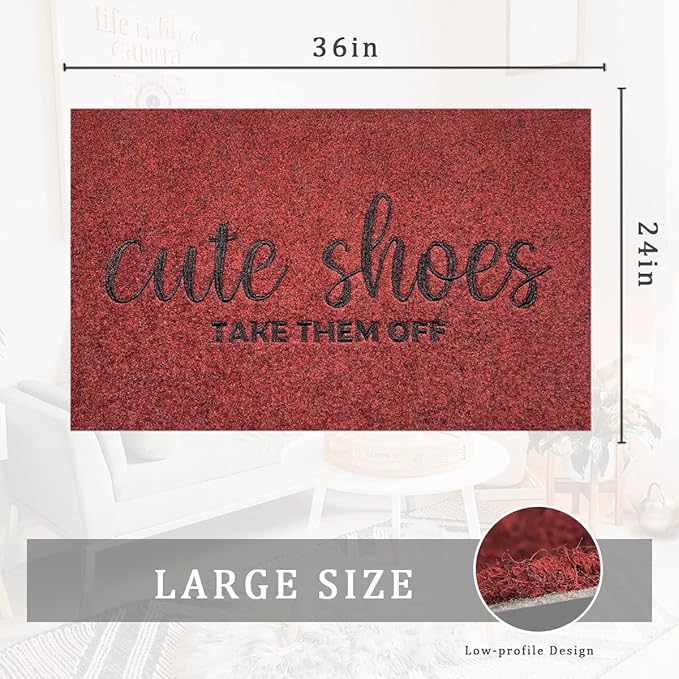 AOAOPQ Funny Doormat Cute Shoes Take Them Off Door Mats Welcome Outside Mats for Garden Entrance Hallway Shoe Scraper Rubber Backing Washable Doormat 24"x 36" Dark Red
