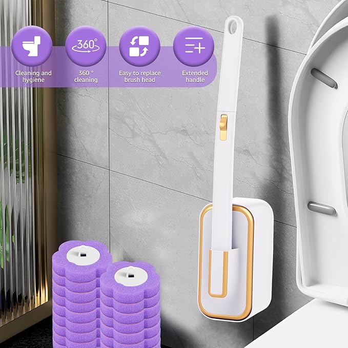 Disposable Toilet Brush, 18 Pcs/36pcs Disposable Toilet Brush Cleaner Refills Wall Toilet Wand Kit with Lengthened Handle Efficient Replacable Wall Toilet Cleaner Set Handle Kit (Style 1)